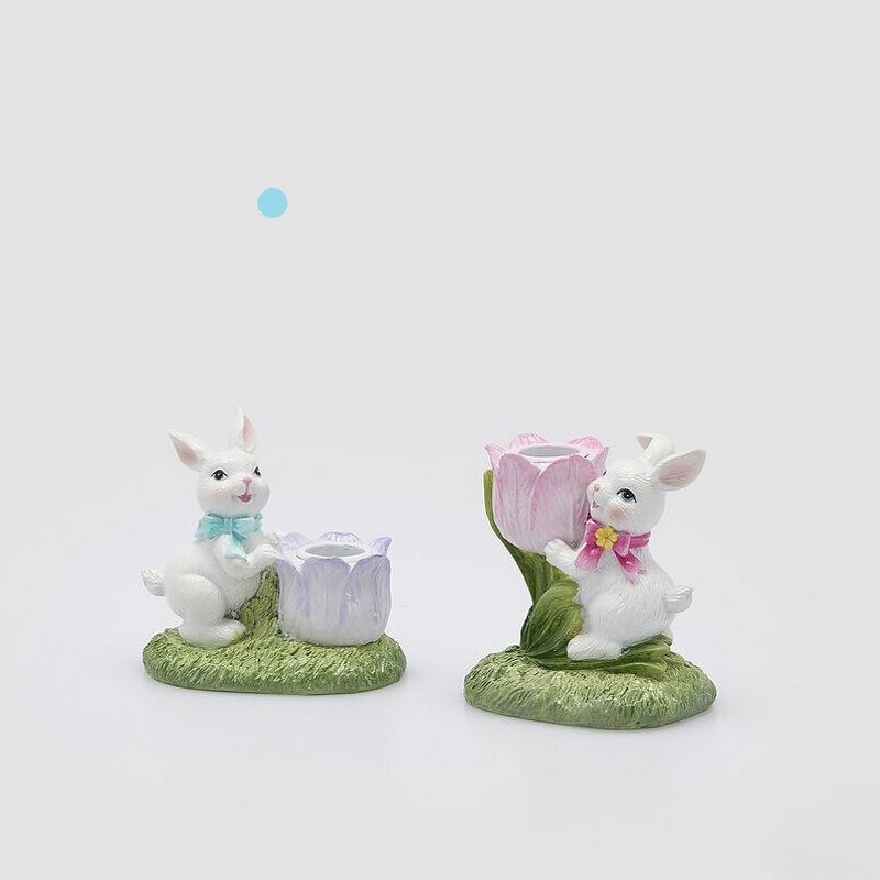 Portacandele coniglio con tulipano viola, ideale come decorazione primaverile o pasquale